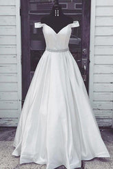 Satin Off the Shoulder Long Prom Dresses with Beading Ivory Party Dresses